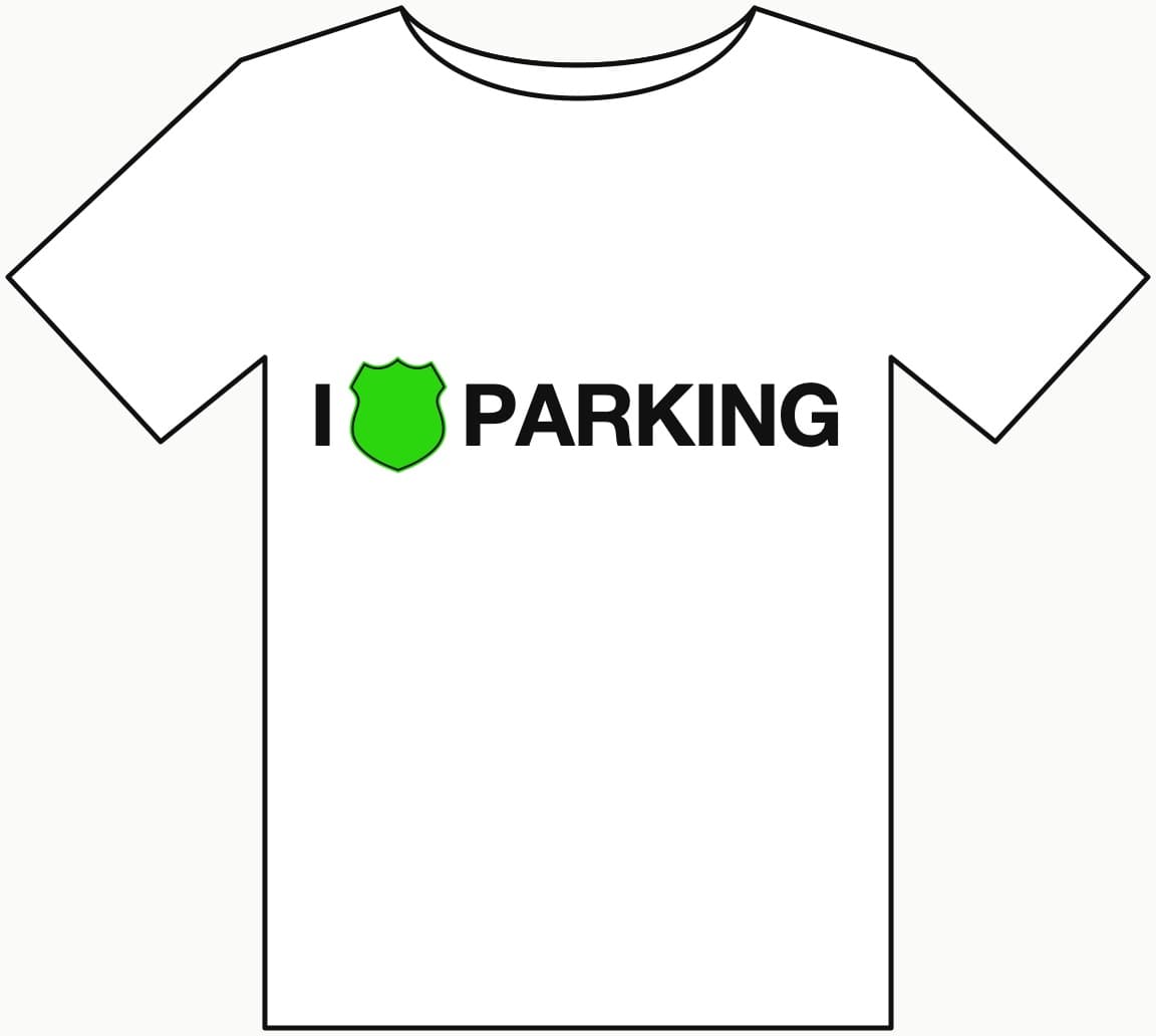 White t-shirt printed with I, a green shield, PARKING